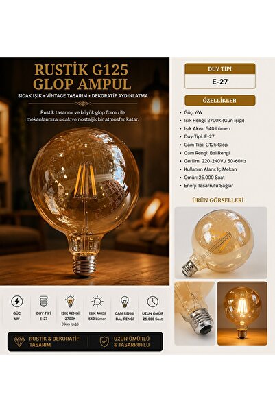 efesays 6W E27 Rustik G125 Glop Ampul Bal Cam 2700K Gün Işığı 540 Lümen Dekor...