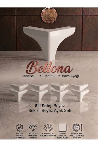 Bellona Uyumlu 10 cm Mobilya, Kanepe ve Baza Ayağı - Beyaz 8'li Ekonomik Set