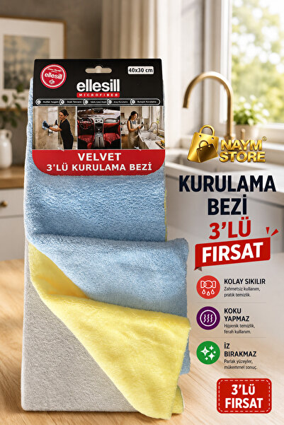 Naym Store Velvet Mikrofiber Kurulama Bezi 3'lü 40x30 cm - Oto Mutfak Banyo Y...