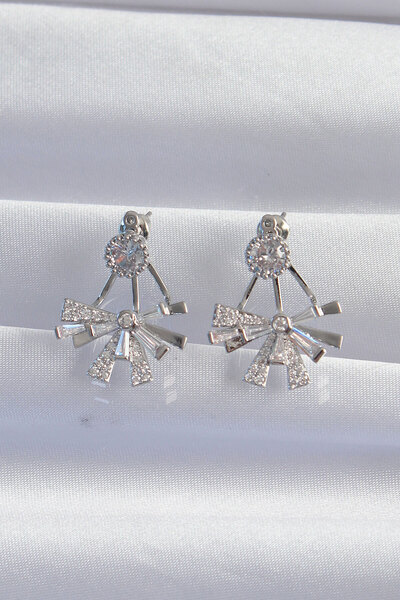 Lisinya Brass Silver Color Zircon Stone Flat Bow Model Earrings -