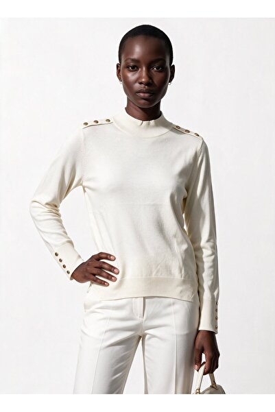 on Women's High Neck Long Sleeve Knitwear Sweater with Shoulder and Cuff Butt...