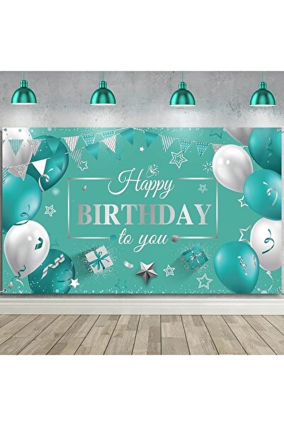 SWIUKPHE Teal Blue Happy Birthday Glitter Backdrop Banner, 180 by 110 Cm Phot...