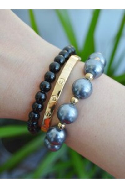 Stoneage Bracelet Set with Clip and Pearls - Multi-Colored