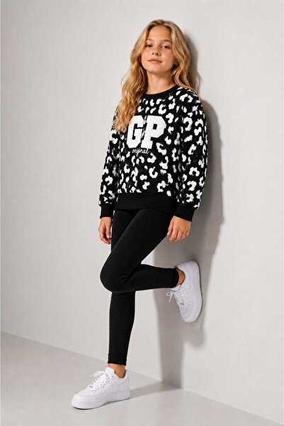 BEYAZ leopar desenli taytlı swetshirt 2li takım