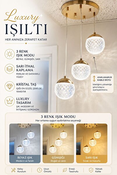 bella lighting Fanus Gold Sarı Kaplama 3 Renk Işıklı Led Avize Üçlü Sarkıt Sa...