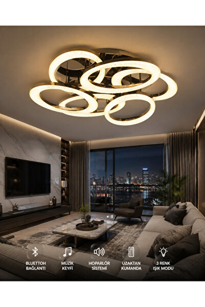 SimaAvize Bluetooth Hoparlörlü LED Avize 88x88 cm | 288W 3 Renk Işık | Kumand...