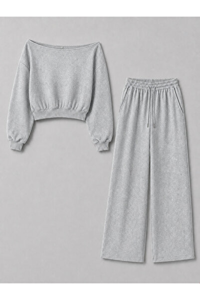 Richarlison Women's Gray Basic Oversize Boat Neck 100% Cotton Bottom-Top Trac...