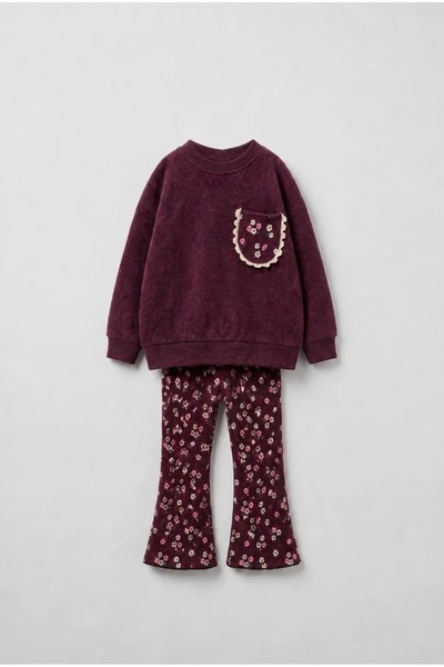 Genel Markalar Kız Çocuk Çiçek Desenli Bordo Sweatshirt ve İspanyol Paça Tayt...