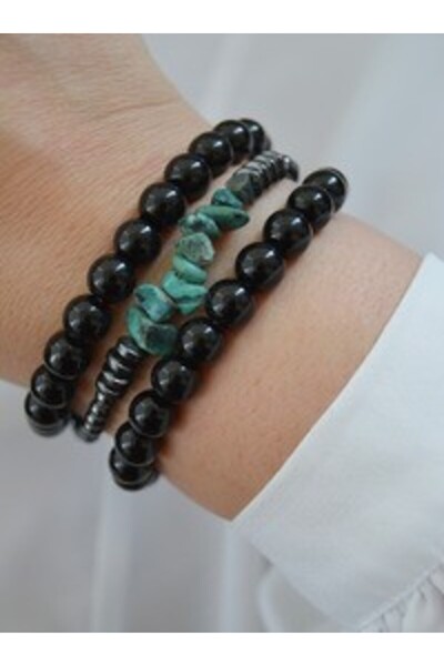 Stoneage Africa Turquoise Hematite and Onyx Stone Bracelet Set - Multicolor