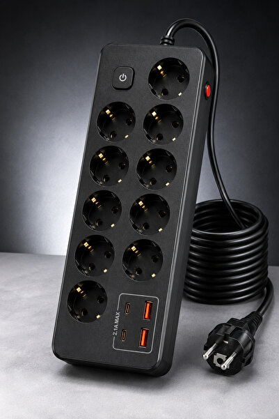 Aırstorr PRO-EU04 10’li Akım Korumalı Çoklu Priz – 2 USB-C + 2 USB-A | 2500W ...