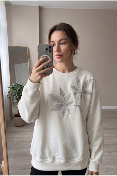 FEMELLE Beyaz Yaprak Desen Boncuk İşlemeli %100 Pamuk Sweatshirt
