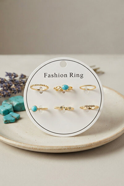Skygo Gold Color Brass Blue Stone Detailed 6-Piece Ring Set Byk4305 Tj-Byk4305