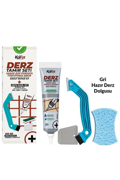 Gri 250 gr Derz Tamir Seti – Hazır Derz Dolgusu, Derz Sökme Aleti, Testere, Spatula ve Sünger
