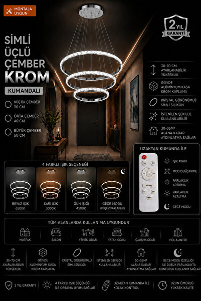mubeda aydınlatma SİMLİ Üçlü Çember KROM LED Avize - 4 Renk Aydınlatma Seçene...