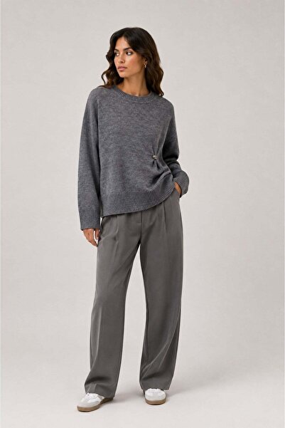 Vadon 1045 Women's Crew Neck Side Buckle Detailed Knitwear Sweater Anthracite