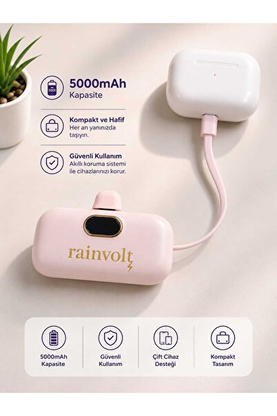 Nettec Rainvolt Mini Kapsül Powerbank – LED Dijital Göstergeli & Dahili Kablolu Taşınabilir Şarj Cihazı