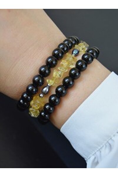 Stoneage Citrine Black Pearl and Onyx Stone Bracelet Set - Multi-Colored
