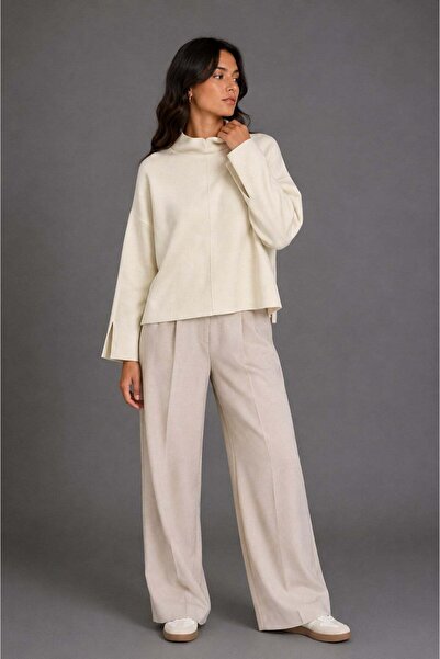 Vadon 1043 Women's High Neck Sweater with Slit Detail on the Sleeve, Cream