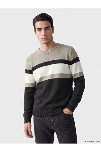 LC Waikiki Lcwaikiki Classic Anthracite Crew Neck Striped Men's Knitwear Sweater