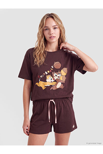 LC Waikiki Vizyon New Season Brown Printed Women's Shorts Pajama Set