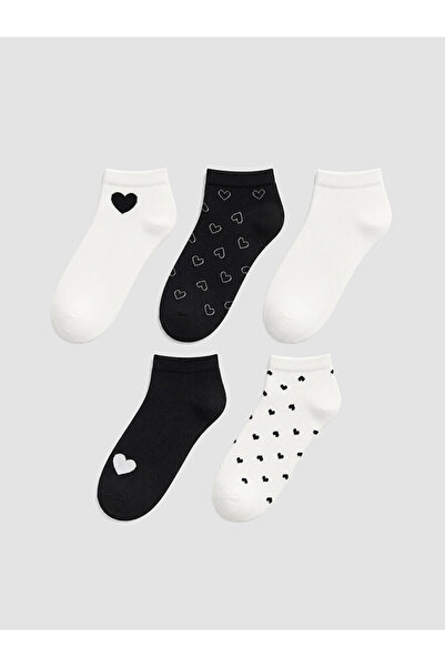 LC Waikiki Rmz Gi̇yi̇m Farkiyla Heart Embroidered Women's Booties Socks 5-Pack