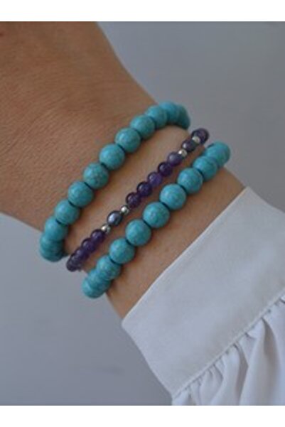 Stoneage Amethyst Black Pearl and Turquoise Stone Bracelet Set - Multicolor