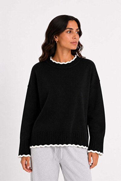 Vadon 1044 Women's Crew Neck Wave Detailed Side Slit Knitwear Sweater Black