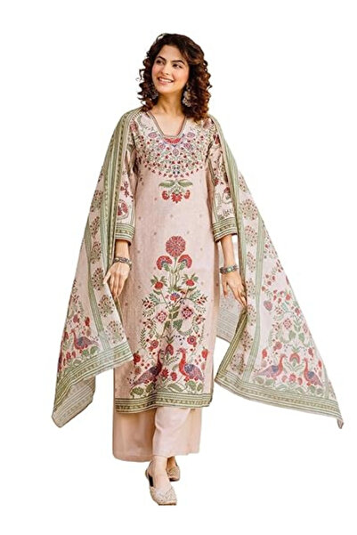 MYSMAR Beige Viscose Printed Kurta Palazzo Set - ALV2203 | Beige-Size:L-40-In...