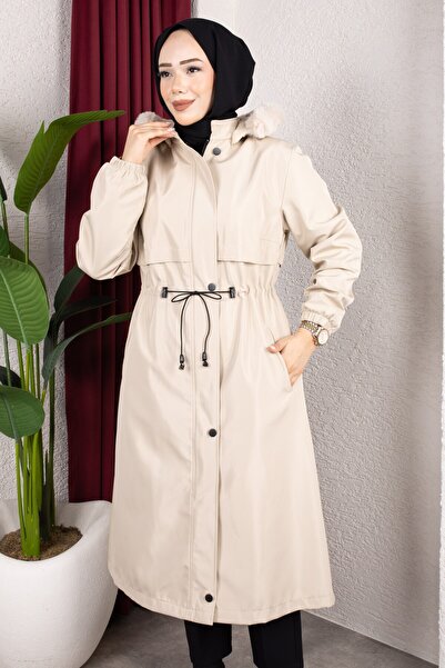 Rabia Zülal Detachable Hooded Fur and Welsoft Lined Hijab Coat 110cm - Stone