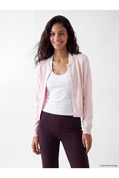 LC Waikiki Xside Pink Knitwear Plain Short Women's Cardigan with Nevavm Diffe...