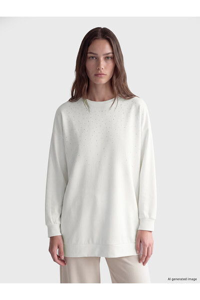 LC Waikiki Nevavm Farkıyla Lcw Modest White Interlock Stoned Loose & Baggy Wo...