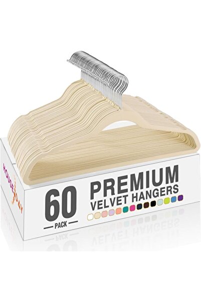 House Day Beige Velvet Hangers 60 Pack - Premium Non-Slip Felt Clothes Hanger...