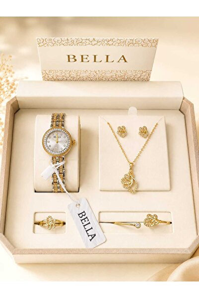 Bella ساعة النسائية الفاخرة مع طقم إكسسوارات ذهبي فاتح ✨