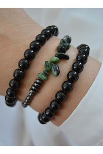 Stoneage Emerald Hematite and Onyx Stone Bracelet Set - Multicolor
