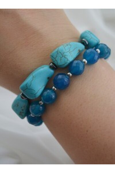 Stoneage Blue Agate and Turquoise Textured Double Bracelet - Multi-Colored