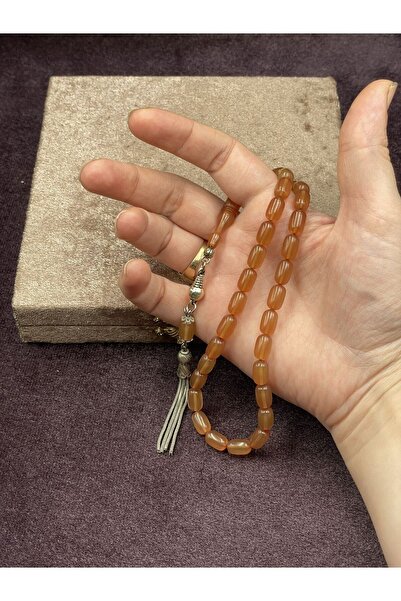 Onurlu Tesbihane Alpaka Zincir Püsküllü Kapsül Kesim Turuncu Ateş Kehribar Tesbih (7x11 mm)