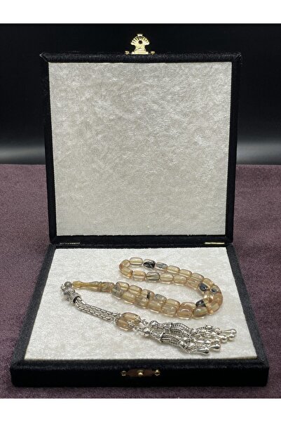 Onurlu Tesbihane Alpaka Damla Uçlu Çift Renk Sıkma Kehribar Tesbih (Krem-Siyah, 7x11 mm)