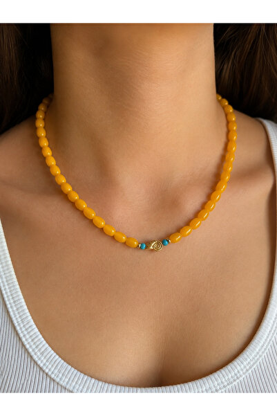 ANKA JEWELLRY Women's Gold Necklace with Yellow Beads and Turquoise Details