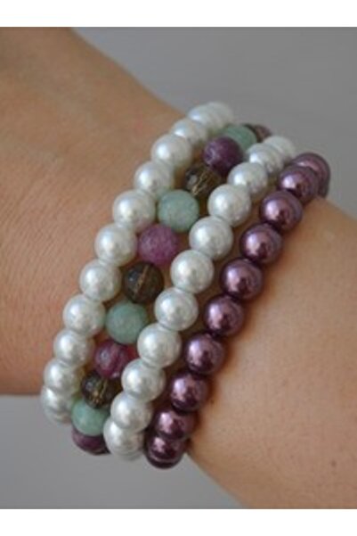 Stoneage Faset Jade and Glass Pearl Bracelet Set - Multi-Colored