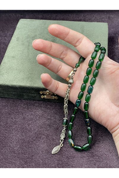 Onurlu Tesbihane Alpaka Kral Zincir Püsküllü Koyu Yeşil Ateş Kehribar Tesbih (7x11 mm)