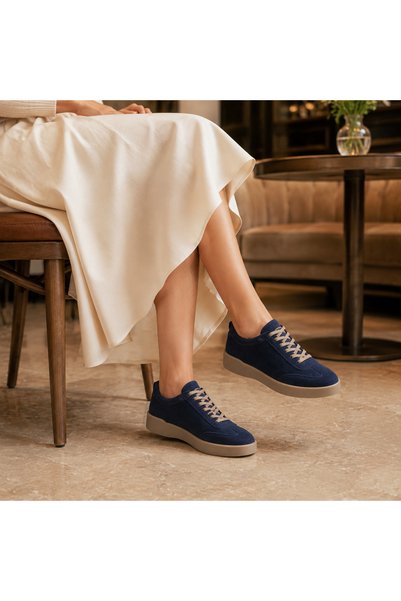 a ayak&kabım official Virenza Genuine Leather Suede Women's Sneaker, Handmade Comfortable Fit Premium Thermo Sole – Navy Blue