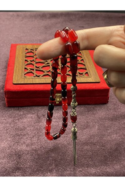 Onurlu Tesbihane Alpaka Zincir Püsküllü Çift Renk Sıkma Kehribar Tesbih (Kırmızı-Siyah, 7x11 mm)