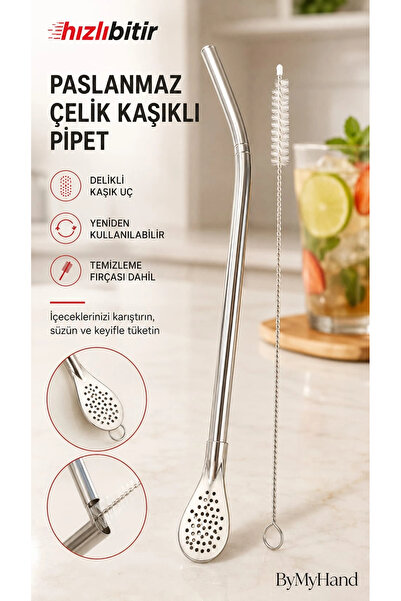 ByMyHand Paslanmaz Çelik Kendinden Süzgeçli Pipet 1 Adet (Temizleme Fırçası H...