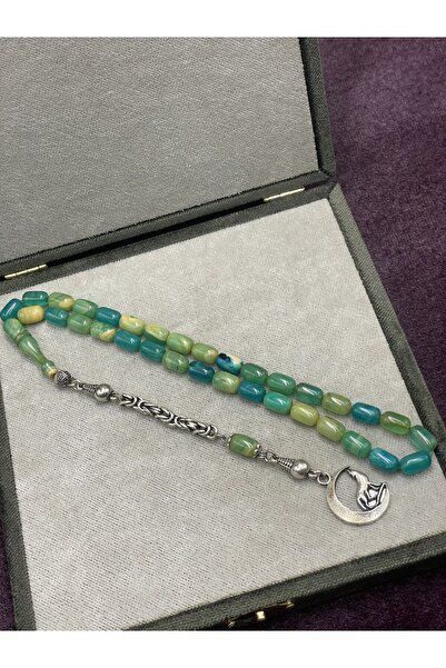 Onurlu Tesbihane Alpaka Bozkurt Uçlu Katalin Tesbih (Turkuaz-Krem, 7x11 mm)
