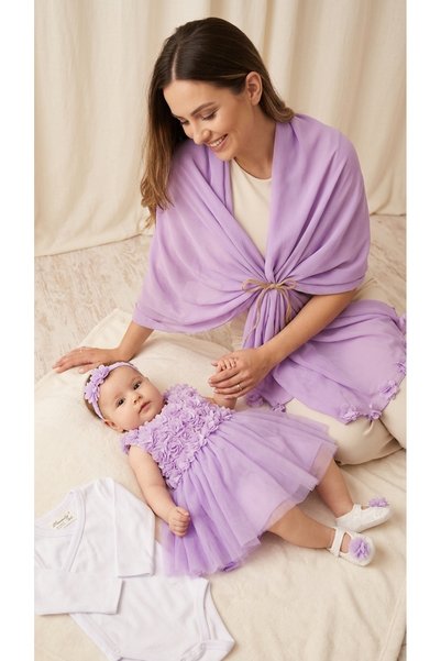 GOLD TEKSTİL Lilac Girl's Dress Evening Gown Set Mother-Daughter Combination