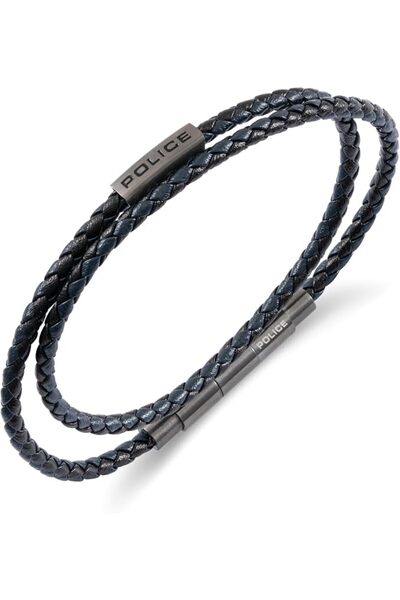 Police Duplex Black Blue Double Wrap Braided Leather Bracelet for Men, Gunmet...