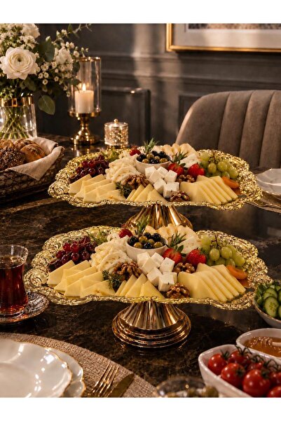 Aslı Hediyelik 2'li Lüx Gold Royal Model Ayaklı Kek, Pasta, kurabiye,Tatlı, ikramlık, Çeyizlik Sunum Servis Standı