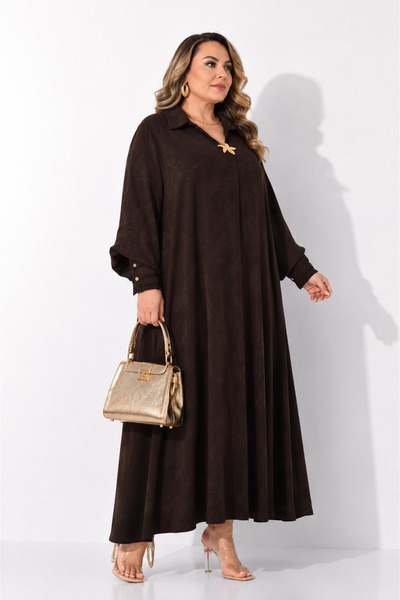DARKWIN Plus Size Long Shirt Collar Brooch Detailed Elegant Black Women's Dress