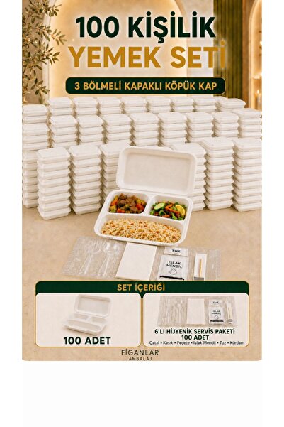 figanlar ambalaj 3 Bölmeli Kapaklı Köpük tabildot Yemek Kabı ve 6’lı Hijyenik Çatal Kaşık Servis Seti 100 kişilik