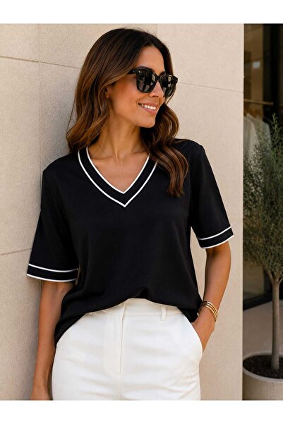 JM Women's V-Neck Contrast Piping Detailed Half Sleeve Mercerized Knitwear Bl...